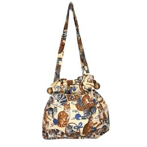 Handmade Cat Print Canvas Shoulder Sewing Bag Wood Ball Drawstring Tote Beige